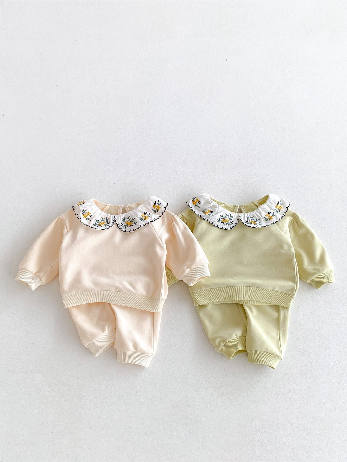 Cute and Versatile Two-Piece Set: Flowers Embroidered Collar Top and Solid Color Pants for Baby Girls and Toddlers-0