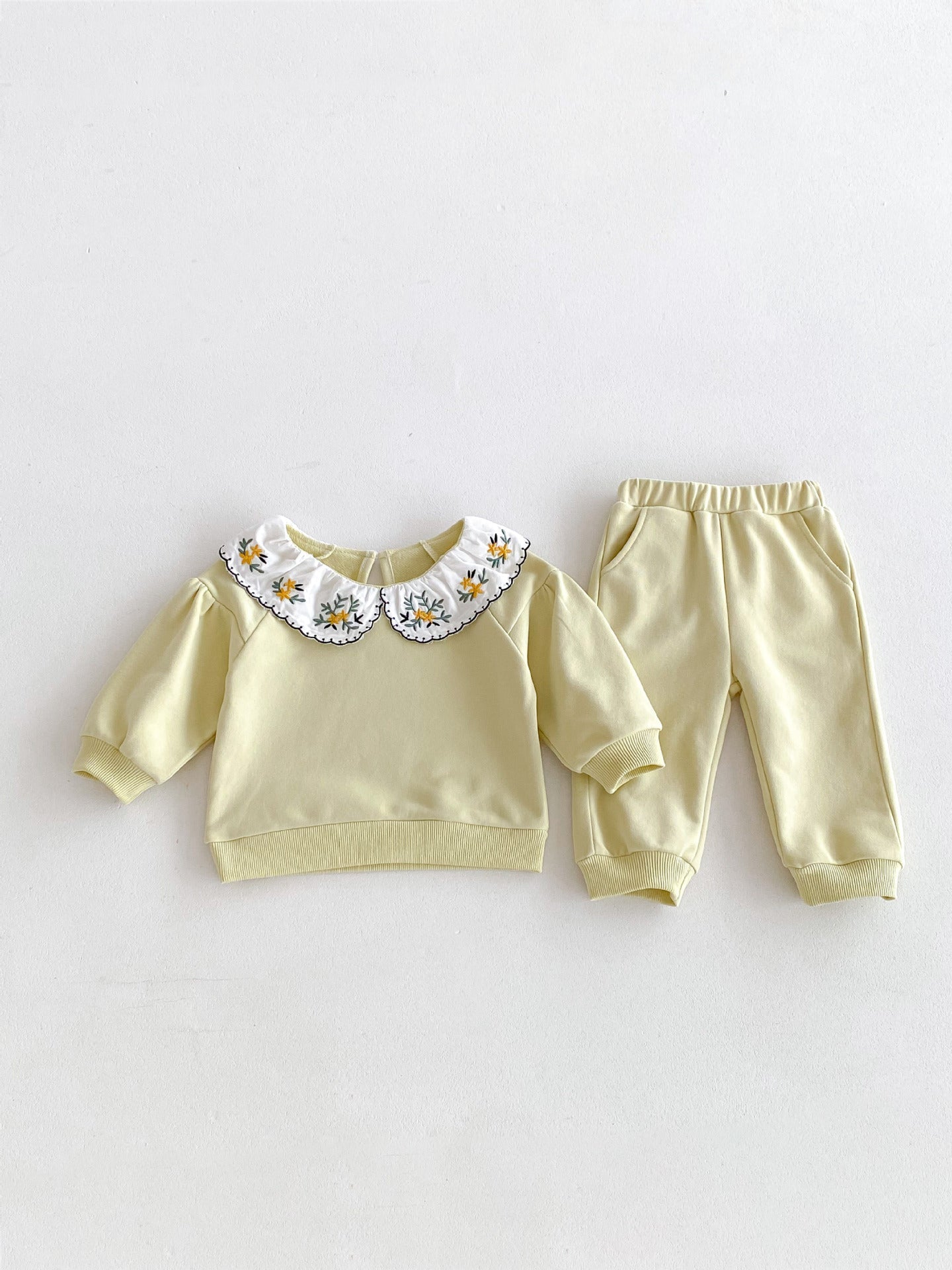 Cute and Versatile Two-Piece Set: Flowers Embroidered Collar Top and Solid Color Pants for Baby Girls and Toddlers-2