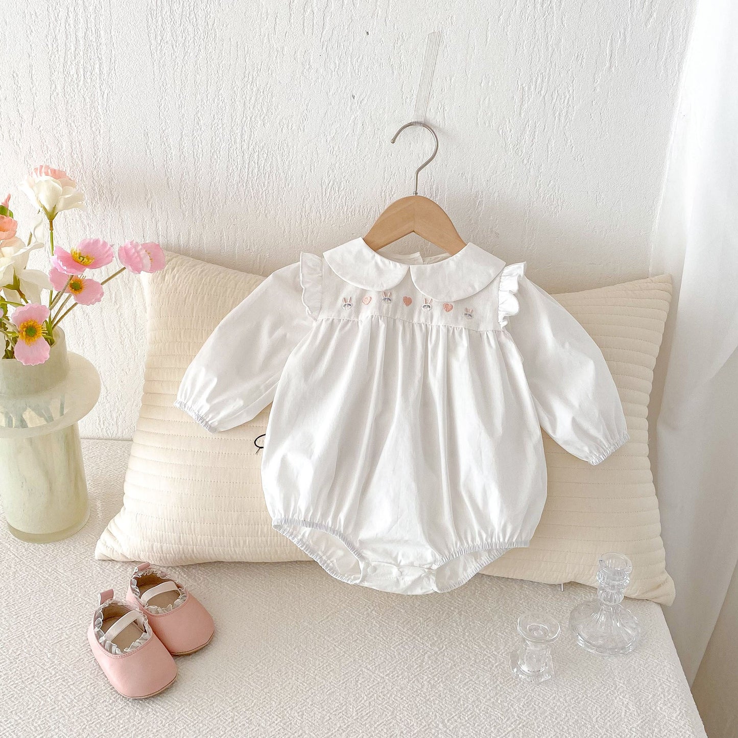 Spring New Arrival Baby Girls Cute Rabbits and Heart Pattern Long Sleeves Onesies-3
