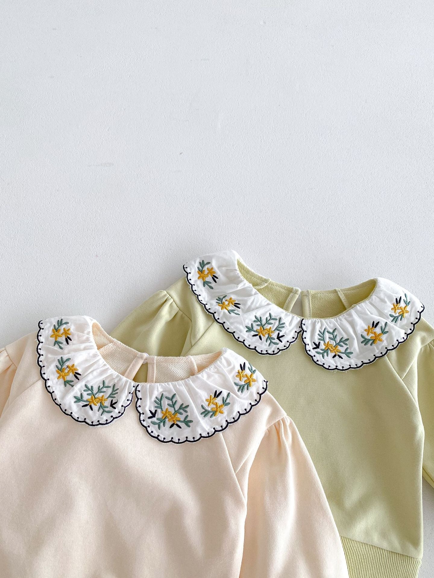 Cute and Versatile Two-Piece Set: Flowers Embroidered Collar Top and Solid Color Pants for Baby Girls and Toddlers-4