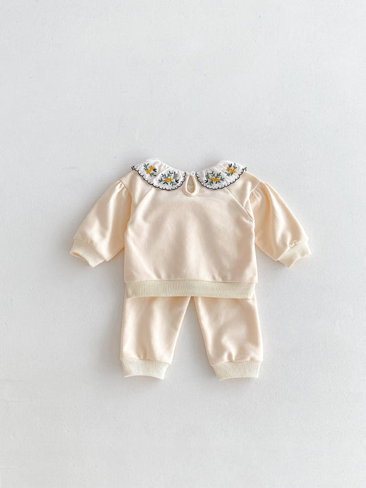 Cute and Versatile Two-Piece Set: Flowers Embroidered Collar Top and Solid Color Pants for Baby Girls and Toddlers-1